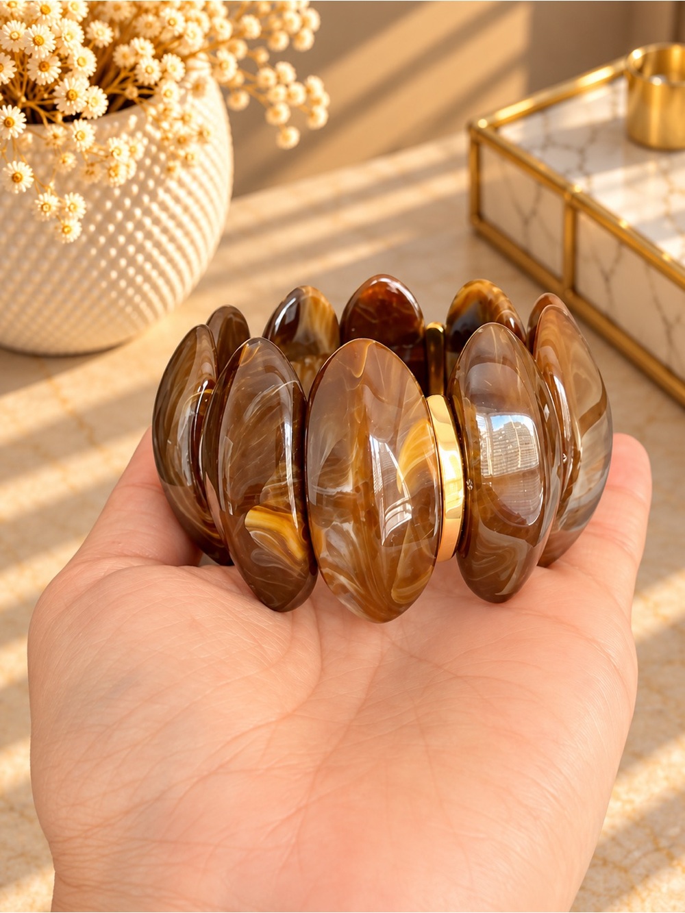 Brown Marbled Chunky Stretch Bracelet